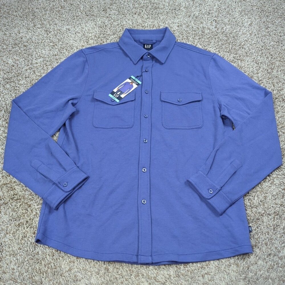 NEW Gap Shirt Men's Large Blue Long Sleeve Knit Button Down Cotton Blend Collar